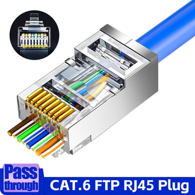 Cat6 Pass Through RJ45 afgeschermde connectoren Crystal End vergulde 8P8C krimp UTP Ethernet modulaire stekker