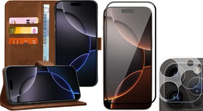 Hoesje geschikt voor iPhone 16 Pro - Screenprotector Volledig Dekkend Glas & Camera - Portemonnee Book Case Bruin