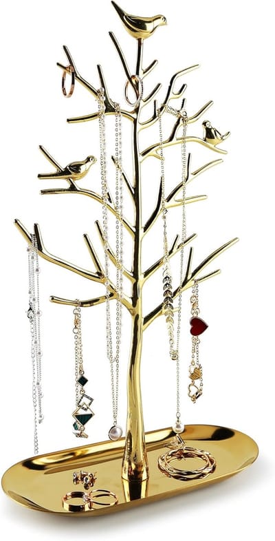 Famanu – Sieradenboom met metalen dienblad, takmodel organizer voor ringen, oorbellen, kettingen en armbanden, decoratief voor thuis of kantoor
