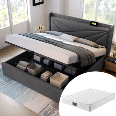DESMIU Gestoffeerd Bed 140x200cm - Bed Met USB En Type-C Oplaadfunctie - Groot Opbergvak Onder Bed - Voor Slaapkamer En Jeugdkamer - Katoenlinnen - Grijs - Met Matras