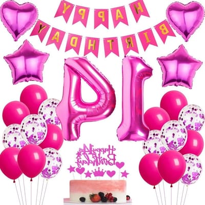 Feestelijke 14 Jaar Verjaardag Versieringen voor Meisjes met Roze en Rode Ballonnen, Folie Ballonnen en Taartdecoraties