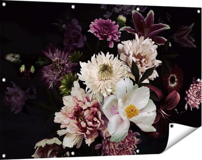 Gards Tuinposter Diverse Bloemen op Zwart Achtergrond - 120x80 cm - Tuindoek - Tuindecoratie - Wanddecoratie buiten - Tuinschilderij