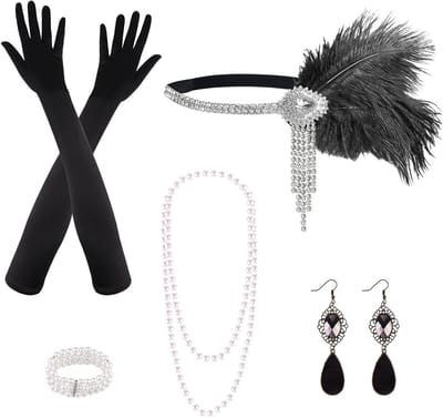 8-delige jaren '20 Flapper Set met hoofdtooi, lange zwarte handschoenen, ketting en oorbellen voor een Great Gatsby themafeest