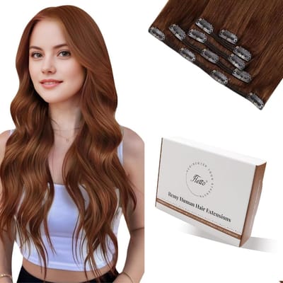 Clip in Haarextensies Echt Menselijk Haar 45 cm Roodbruin 5 Stuks Volume