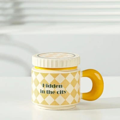 400ml Keramische Beker met Ruitjesbloemenpatroon met Deksel en Handvat Koffiekop Thuis Kantoor Ontbijt Melkbekers Verjaardagscadeau 400ML white