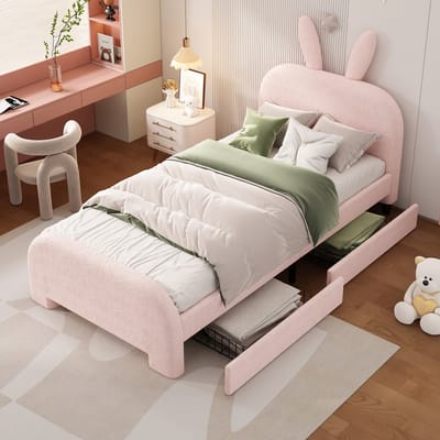 DESMIU Kinderbed 90x200 cm – Konijnvormig Hoofdbord Met Zachte Bekleding – Met 2 Laden – Voor Kinderkamer – Pluche en MDF – Roze – Zonder matras