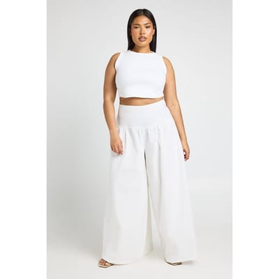 boohoo Dames Plus Linnen Look Extreem Wijde Pijpen Broek | Natural | Maat: 44