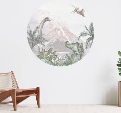 Muurcirkel zelfklevend behang - Dino's bij een vulkaan - Wanddecoratie - 080cm behangcirkel - Ronde sticker voor aan de muur - Behangsticker verkrijgbaar in verschillende formaten