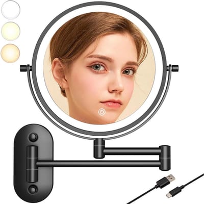Thuys – Verlichte Vergrotende Wandspiegel – 20cm – LED Wandspiegel voor Badkamer – Hotelspiegel – Scheerspiegel – USB Oplaadbaar – 10X Vergroting – Zwart