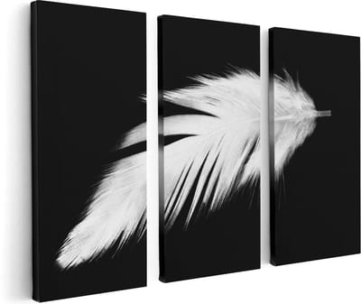 Artaza Canvas Schilderij Drieluik Witte Veer op een Zwarte Achtergrond - 120x80 cm - Wanddecoratie Woonkamer - Schilderijen - Muurdecoratie