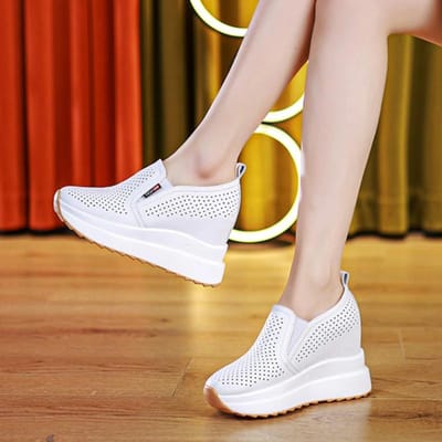10CM Sleehak Loafers Dames Platform Hoge Sandalen Echt Leer Uitgesneden Zomerschoenen Verborgen Hakken Damesschoenen 34 white