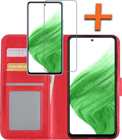 Hoes - Met Screenprotector - Geschikt voor Samsung Galaxy A53 - Luxe Pasjeshouder - Bookcase Portemonee - Flip Case - Kunstleer Book Case - Flipcase - Book Cover - Walletcase - PortemonneeHoes - Rood