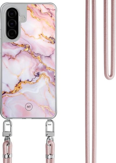 Hoesje met koord geschikt voor Samsung Galaxy A36 - Marble pink - Inclusief Rosegoud koord - Crossbody beschermhoes - Transparant, Multi - Mooie Telefoonhoesjes