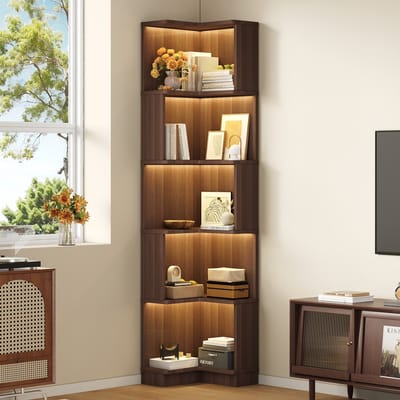 HAUSS SPOLE Hoekkast Boekenkast - L-Vorm Met Ledverlichting En 5 Planken - Voor Woonkamer Of Werkkamer - MDF - 63,5x45x175 cm - Bruin