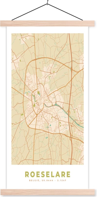 Posterhanger incl. Poster 60x120 cm - Schoolplaat - Plattegrond - Stadskaart - Roeselare - België - Kaart - Textielposter - Blanke latten - Stadskaart