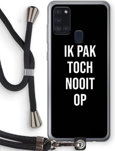 Case Company® - Hoesje met koord geschikt voor Samsung Galaxy A21s hoesje met Koord - Ik pak nooit op - Zwart - Telefoonhoesje met Zwart Koord - Bescherming aan alle Kanten en Over de Schermrand