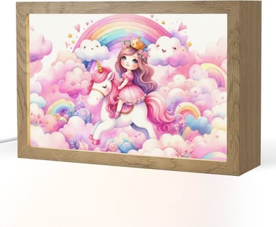Nachtlampje 30x20 cm - Kinder lampje - Eenhoorn - Prinses - Unicorn - Roze - Regenboog - Tafellamp kinderkamer - Slaapkamer lamp - Bedlamp kinderen - Kinderlampje stopcontact - Wandlamp babykamer - Nachtlampjes