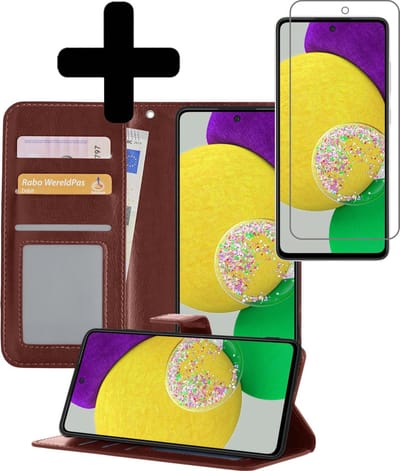 Hoesje - Met Screenprotector - Geschikt voor Samsung Galaxy A52s 5G - Luxe Pasjeshouder - Bookcase Portemonee - Flip Case - Kunstleer Book Case - Flipcase - Book Cover - Walletcase - Portemonneehoes - Telefoonhoesjes - Bruin