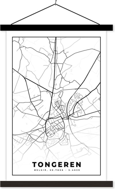 Posterhanger incl. Poster 40x60 cm - Schoolplaat - Plattegrond – Tongeren – Zwart Wit – Stadskaart - Kaart - België - Textielposter - Zwarte latten - Stadskaart