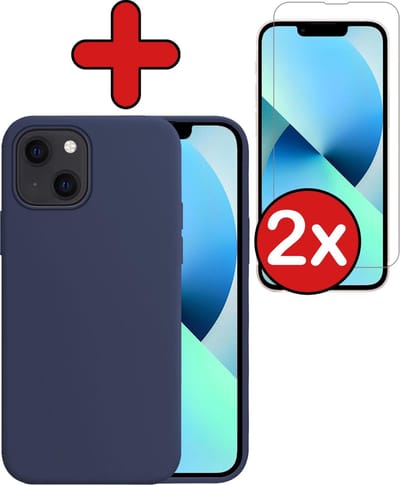 Hoesje - Met 2x Screenprotector - Geschikt voor Apple iPhone 13 Mini - Sterk & Shockproof - Telefoon Hoes - Back Cover - Siliconen Case - Telefoonhoes - Donkerblauw