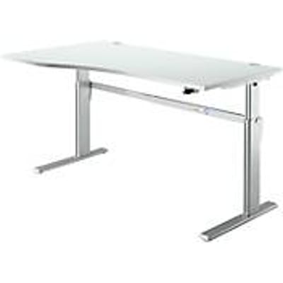 Standaard bureau, elektrisch in hoogte verstelbaar, vrije vorm, bevestiging links, C-poot, B 1800 x D 1000/800 x H 725-1185 mm, aluminium lichtgrijs/wit