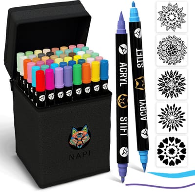 Napi Acrylstiften 48st - Brush en Fine Tip Twinmarkers - Verfstiften Happy Stones - Stenen Schilderen met Acryl Verf Marker Stiften - Volwassenen en Kinderen - Incl. 5 Mandala Sjablonen