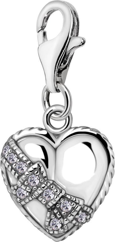 Quiges – 925 - Zilver – Charm - Bedel - Hanger - 3D Hart met Lint - met – sterling - zilver - karabijnslot - geschikt - voor -Bedelarmband HC120