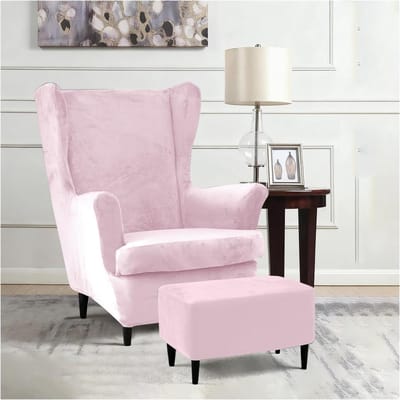 Comfortabele Retro Oorfauteuil met Hocker en Verlengde Katoenen Armsteunen, Stofbestendig en Wasbare Wingchair Hoes voor Woonkamer en Restaurant (Roze)