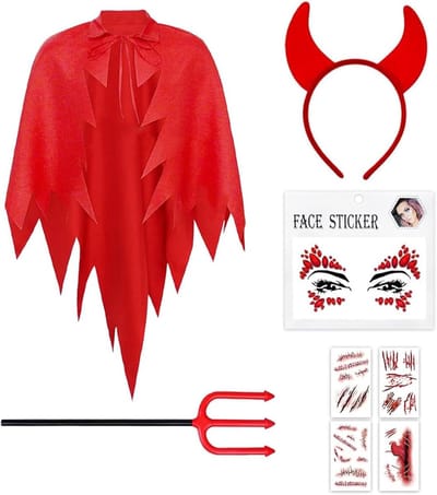Feminine Duivel Kostuum - Compleet Set met Rode Duivel Cloak, Hoofdband, Drakenpunt, Trident en Littekens Stickers - Ideaal voor Halloween, Feestjes en Verkleedpartijen