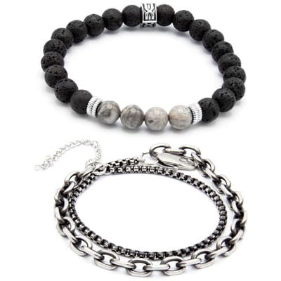 Victorious Set Natuurstenen Kralen Armbanden en Staal Heren – Lavasteen/RVS Roestvrij Staal – Zwart/Zilver – 18cm