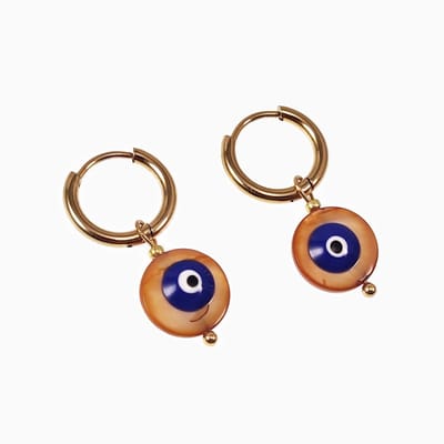 ∅14mm Oorringen met Bruine Ronde Schelp Hanger - Verguld Stalen - Dames Oorbellen met Blauw Turkse Oog