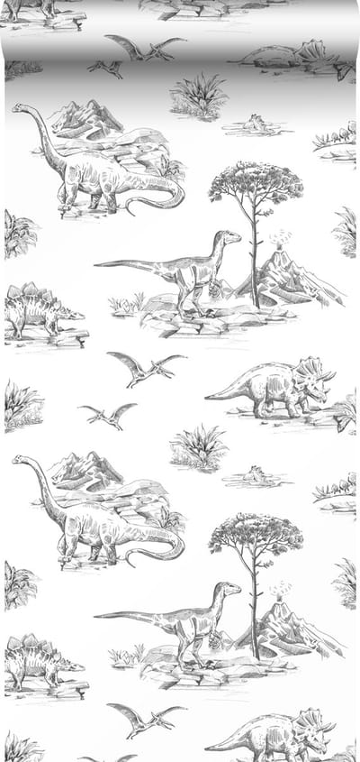 ESTAhome behang dinosaurussen zwart wit - 53 cm x 10.05 m - 139269