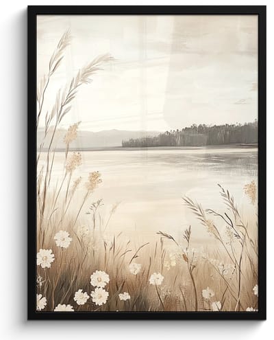 Poster in lijst - Fotolijst 50x70 cm - Posters - Meer - Water - Natuur - Beige - Posterlijst zwart - Decoratie - Wanddecoratie woonkamer - Muurdecoratie slaapkamer