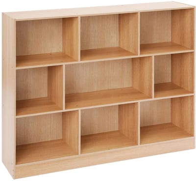 Opbergorganizer met 9 vakken – Voor het opbergen en presenteren van boeken, accessoires en decoraties in woonkamer, slaapkamer, huis of kantoor – open opberg- en displayboekenkast – 60,0 × 30,0 × 90,0 cm – zwart, bruin en naturel – hout
