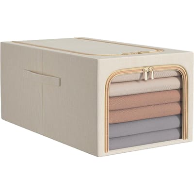 Kleding Opbergtas 50L Kleding Opbergbak Slaapkamer Opbergdoos met Metalen Frame Handvat 47x35x30cm beige