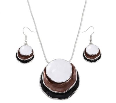 Zilverkleurige ketting met ronde hanger en oorbellen voor dames – sieradenset met meerlaagse schijven in wit, bruin en zwart