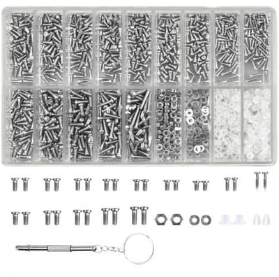 Dailygoods- Plaatschroeven 1000 stuks - Reparatieset Brillen - Mini-schroeven - Schroevendraaier/Pincet - Professionele Schroefkoffer - Compact en Draagbaar