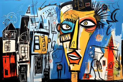 John Joseb Art (Canvas) 120x80 | Amsterdam in Herman Brood stijl, abstract, - kleurrijk - felle kleuren, woonkamer slaapkamer, kunst | Nederland, stad, blauw, rood, bruin, modern | Foto-Schilderij print (wanddecoratie)