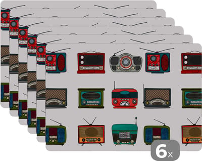 Placemat - Placemats kunststof - Retro - Radio - Design - 45x30 cm - 6 stuks - Hittebestendig - Anti-Slip - Onderlegger - Afneembaar