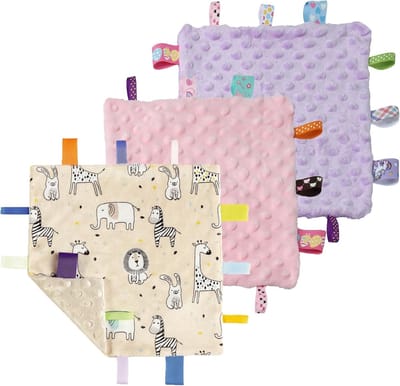 Zachte Sensory Dekentje voor Baby's, Perfecte Kraamcadeaus en Verjaardagscadeaus, 10 x 10 Inch in Dierenthema met Roze en Paars