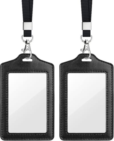 Dubbelzijdige Transparante Badgehouders - Luxe Kunstleer met Nylon Lanyard, ID Kaart Houder voor Werk/OV Kaart/Busticket, Bedrijven & Evenementen, Verticaal (Zwart)