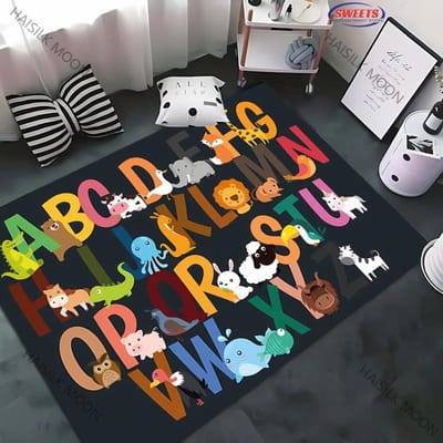 3D ABC Kleed voor Kinderkamer, ABC Kinder Matten voor Vloer, Alfabet Speelmat Basisschool Voorschools Kinderkleden met Dierenillustraties 40x60cm (16x24in)