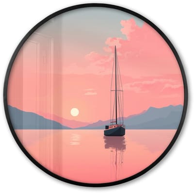 Poster in lijst Rond - Fotolijst 60x60 cm - Posters - Zeilboot - Roze zee - Zonsondergang - Bergen - Ronde posterlijst zwart - Decoratie - Wanddecoratie woonkamer - Muurdecoratie slaapkamer