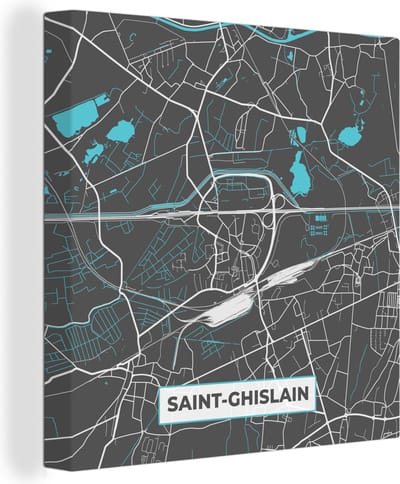 Canvas Schilderij Kaart – Plattegrond – Stadskaart – Saint Ghislain – België - Grijs - 20x20 cm - Wanddecoratie