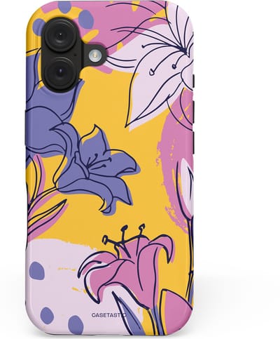 Casetastic hoesje geschikt voor Apple iPhone 16 - MagSafe - Dubbellaagse bescherming - Paarse Lelie Kunst - Fashion Case - Lila Goud Lichtgrijs
