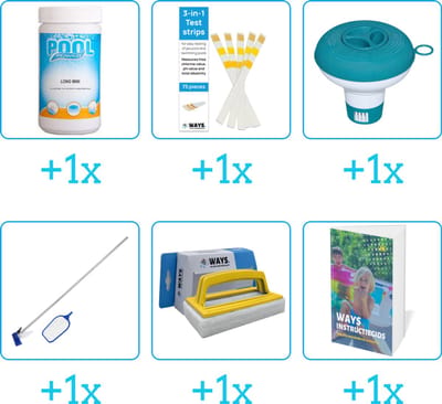 Zwembad Onderhoudspakket - Onderhoud Zwembad - bevat Chloor - Testrips - Chloordrijver - Schoonmaakset - Scrubborstel en Zwembadgids (6-delig)