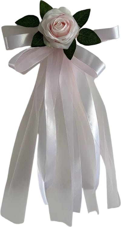 autodeco.nl SIA POEDER ROZE Handvatten Decoratie 4 stuks - Trouwauto Versiering - Poeder Roze Rozen met Linten en Tule - Bloemen voor op de Handvatten - Versiering Handvat Auto - Autoversiering voor Volgauto's