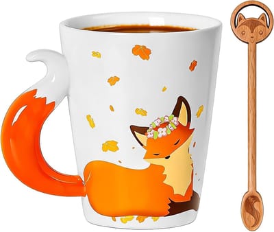Schattig keramisch koffiekopje met lepel, 3D-vossenontwerp, ideaal als cadeau voor verjaardagen, jubilea en kantoorgebruik, 360 ml inhoud