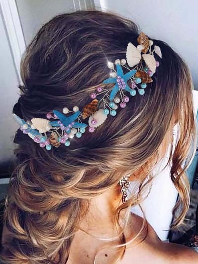 Bruids Haar Wijnstok met Zeesterren, Schelpen en Parels - Blauw Haaraccessoire voor Bruiloft