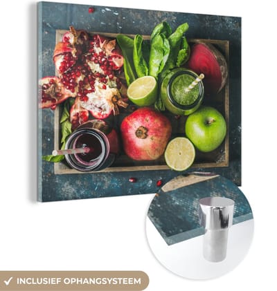 MuchoWow® Glasschilderij 120x90 cm - Schilderij acrylglas - Fruitkist - Fruit - Smoothie - Foto op glas - Schilderijen